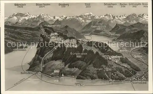 Buergenstock Panoramakarte mit Vierwaldstaettersee und Alpen Kat. Buergenstock