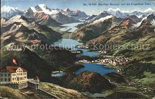 Muottas Muragl Hotel mit Oberengadiner Seen und Alpenpanorama / Muottas Muragl /Rg. St Moritz