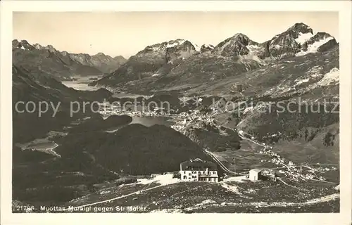 Muottas Muragl Hotel mit Blick auf St Moritz und Oberengadiner Seen mit Alpenpanorama / Muottas Muragl /Rg. St Moritz