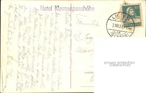 Klausenstrasse Hotel Klausen Passhoehe mit Urirotstock Kat. Klausen