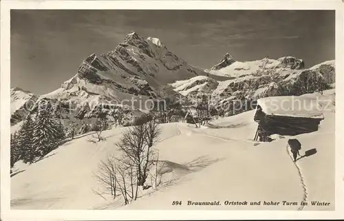 Braunwald GL Ortstock und Hoher Turm Winterpanorama Kat. Braunwald