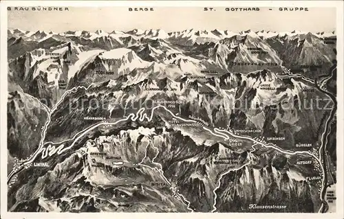 Klausenstrasse Vogelschau mit Graubuendner Berge und St Gotthardgruppe  Kat. Klausen
