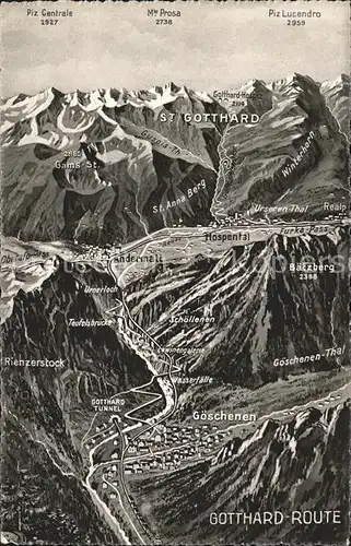 San Gottardo Gotthardmassiv Route aus der Vogelschau Kat. San Gottardo