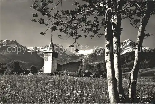 Lauenen Kirche mit Niesenhorn Wildhorn Mutt und Spitzhorn Kat. Lauenen