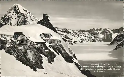 Jungfraujoch mit Moench Aletschgletscher Berghaus Observatorium meteorol Station Sphinx Kat. Jungfrau