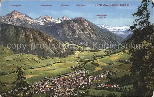 Zweisimmen Totalansicht mit Alpenpanorama Kat. Zweisimmen