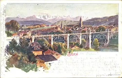 Bern BE Panorama mit Viadukt Kuenstlerkarte Kat. Bern