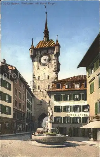 Baden AG Stadtturm mit Brunnen und Hotel Engel Kat. Baden