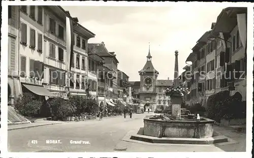 Murten Morat Hauptgasse mit Berntor und Brunnen Kat. Murten