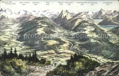 Einsiedeln SZ mit Glarner und Urneralpen Panoramakarte / Einsiedeln /Bz. Einsiedeln