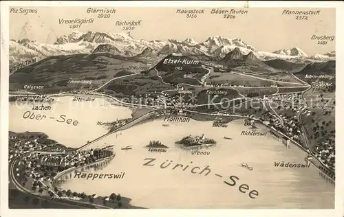 Rapperswil SG mit Zuerichsee und Obersee Panoramakarte Kat. Rapperswil SG