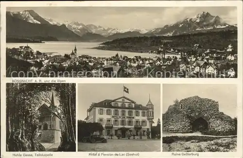 Kuessnacht panorama Hohle Gasse Tellskapelle Hotel Pension du Lac Ruine Gesslerburg Kat. Kuessnacht