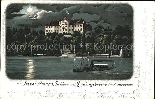 Insel Mainau Schloss mit Landungsbruecken im Mondschein Dampfschiff Kat. Konstanz Bodensee
