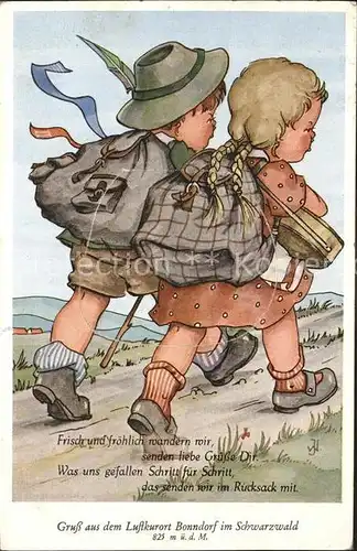 Bonndorf Schwarzwald Kinder auf Wanderschaft mit Rucksack Illustration Kat. Bonndorf