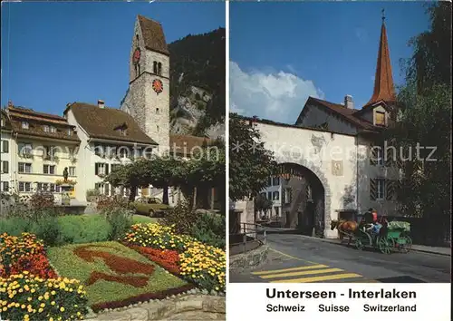Unterseen Kirche mit Wappen Stadttor mit Kutsche Kat. Unterseen