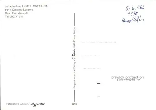 Orselina TI Hotel Orselina Fliegeraufnahme / Orselina /Bz. Locarno