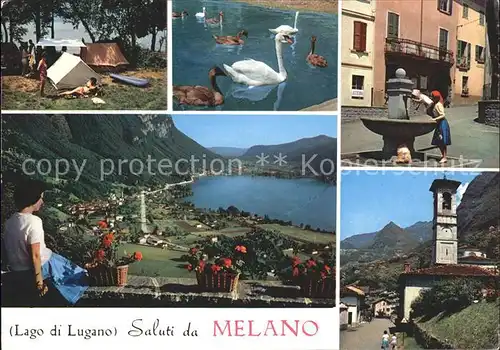 Melano Lago di Lugano Brunnen Kirche Schwaene Zelte Kat. Melano