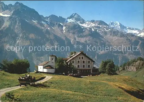 Fextal bei Sils Kirche Pferdefuhrwerk Alpenpanorama Kat. Sils Maria