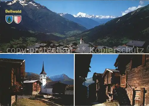 Bellwald Panorama Dorfpartie Kirche Alte Gasse Weisshorn Kat. Bellwald