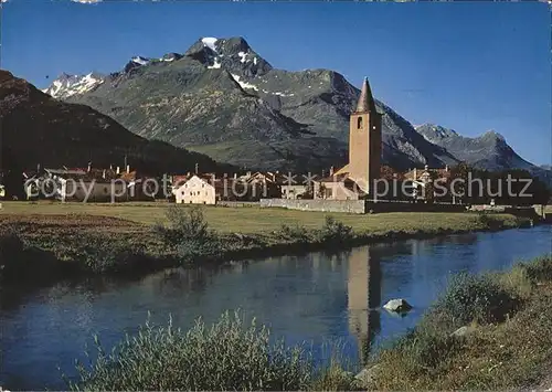 Sils Baselgia Partie am Inn mit Kirche und Piz La Margna Kat. Sils Baselgia