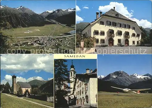 Samedan mit Berninagruppe Kirche San Peter Dorfpartie Chesa Planta Segelflieger Kat. Samedan