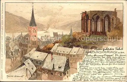 Bacharach Rhein Panorama mit Kirche Kuenstlerkarte Kat. Bacharach