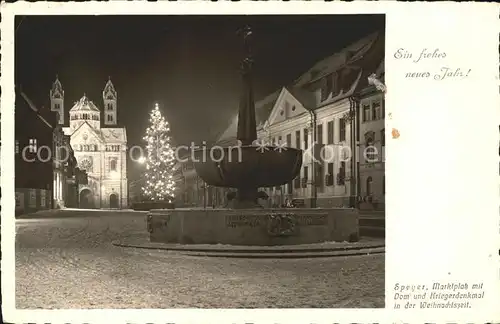 Speyer Rhein Marktplatz mit Dom Kriegerdenkmal Weihnachtszeit Neujahrskarte Kat. Speyer
