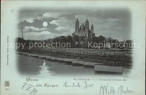 Speyer Rhein Schiffsbruecke Dom im Mondschein von badischen Grenze aus Kat. Speyer