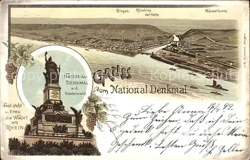 Bingen Rhein Muendung der Nahe Maeuseturm Nationaldenkmal Niederwald Kat. Bingen am Rhein