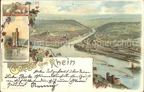 Bingen Rhein Panorama Nahemuendung Maeuseturm Weinrebe Kat. Bingen am Rhein