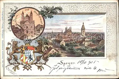 Speyer Rhein Stadtbild mit Dom Hauptstrasse Wappen Krone Kat. Speyer
