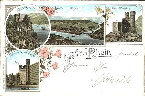 Bingen Rhein Panorama Nahemuendung Burg Rheinstein Ruine Ehrenfels Maeuseturm Bahnpost Deutsche Reichspost Kat. Bingen am Rhein