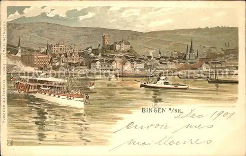 Bingen Rhein Ansicht vom Rhein aus Dampfer Kunstblatt Bahnpost Kat. Bingen am Rhein