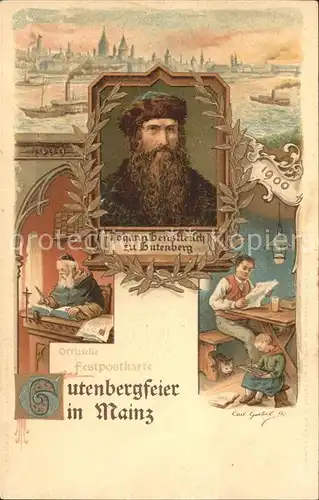 Mainz Rhein Portrait Johann Gensfleisch zu Gutenberg Buchdruck 500-jaehrige Gutenbergfeier Offizielle Festpostkarte / Mainz Rhein /Mainz Stadtkreis