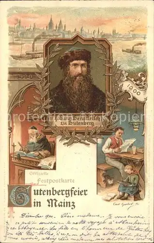 Mainz Rhein Portrait Johann Gensfleisch zu Gutenberg Buchdruck 500-jaehrige Gutenbergfeier Offizielle Festpostkarte / Mainz Rhein /Mainz Stadtkreis