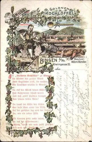 Bingen Rhein Gasthaus Goldner Kochloeffel Karikatur Gedicht Deutsche Reichspost Kat. Bingen am Rhein