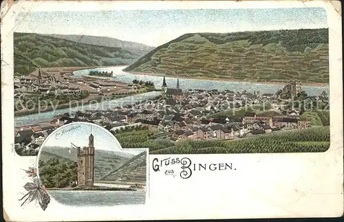 Bingen Rhein Panorama Nahemuendung Maeuseturm Kat. Bingen am Rhein