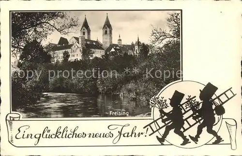 Freising Oberbayern Partie an der Isar Kirche Schornsteinfeger Neujahrskarte Bromsilber Buetten Kat. Freising