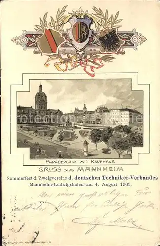 Mannheim Paradeplatz mit Kaufhaus Denkmal Sommerfest Deutscher Techniker Verband Wappen Kat. Mannheim