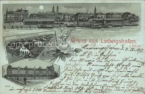 Ludwigshafen Rhein Rheinpartie im Mondschein Dampfer Arbeiter Wohnungen Lagerhaus Kat. Ludwigshafen am Rhein