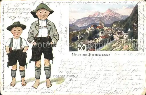 Berchtesgaden Gesamtansicht mit Alpen Kinder Trachten Kat. Berchtesgaden