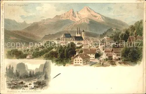 Berchtesgaden Gesamansicht mit Alpen Ramsau Muehlsturzhoerner Kuenstlerkarte Kat. Berchtesgaden