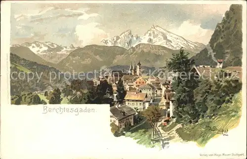 Berchtesgaden mit Alpenpanorama Kuenstlerkarte Otto Stritzel Kat. Berchtesgaden