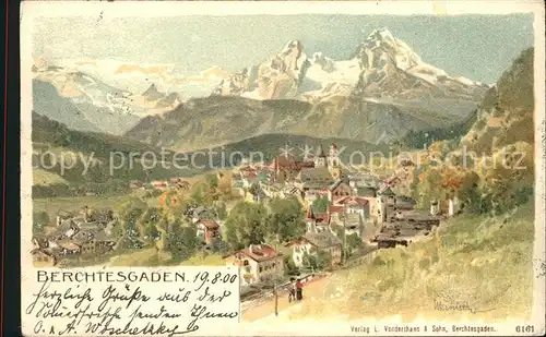 Berchtesgaden Gesamtansicht mit Alpenpanorama Kuenstlerkarte Heinisch Kat. Berchtesgaden