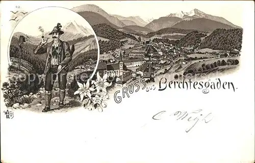 Berchtesgaden Gesamtansicht mit Alpenpanorama Wandersmann Kat. Berchtesgaden
