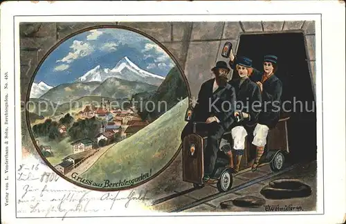 Berchtesgaden Gesamtansicht mit Alpenpanorama Salzberkwerk Kuenstlerkarte Kat. Berchtesgaden