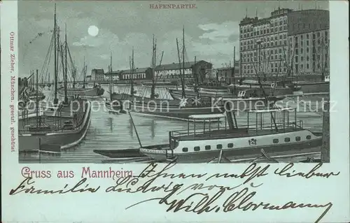 Mannheim Hafenpartie im Mondschein Schiffe Kat. Mannheim