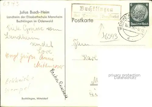 Buchklingen Odenwald Julius Busch Heim Landheim Elisabethschule Mannheim Kuenstlerkarte Kat. Birkenau