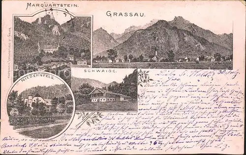Grassau Chiemgau Gesamtansicht mit Alpen Marquartstein Niedernfels Schwaige Koenigreich Bayern Wappen Krone Kat. Grassau