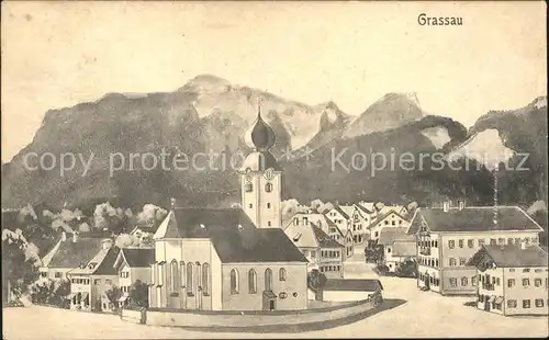 Grassau Chiemgau Ortsansicht mit Kirche Alpen Kuenstlerkarte Kat. Grassau